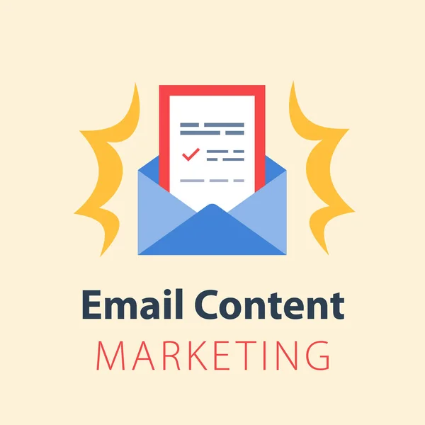 Email marketing, envelope aberto, carta escrita, resumo de notícias — Vetor de Stock