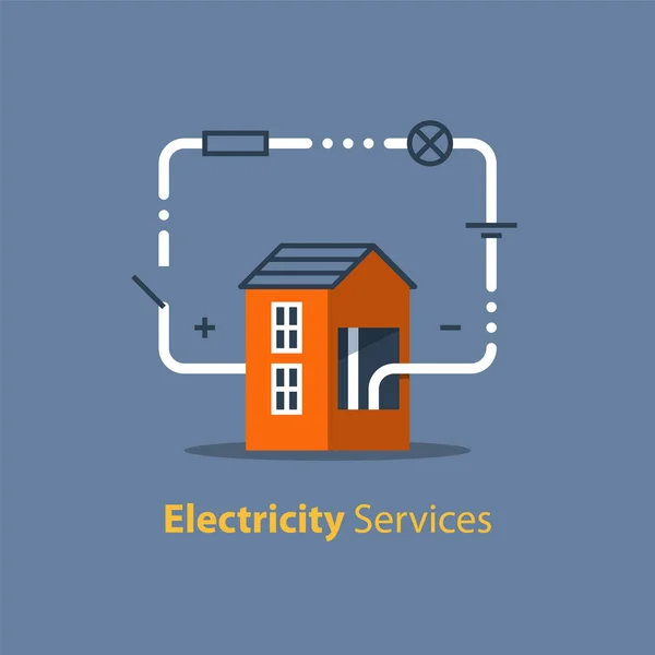 Obwód elektryczny, naprawa i konserwacja, dom z pętlą elektryczną — Wektor stockowy