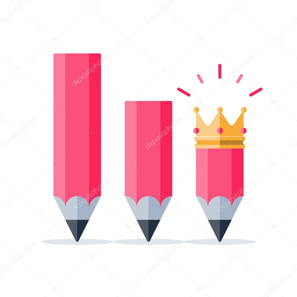 Creative writing, storytelling concept, graphic design workshop, idea with pencil and crown, skill improvement, gradual change, vector flat illustration