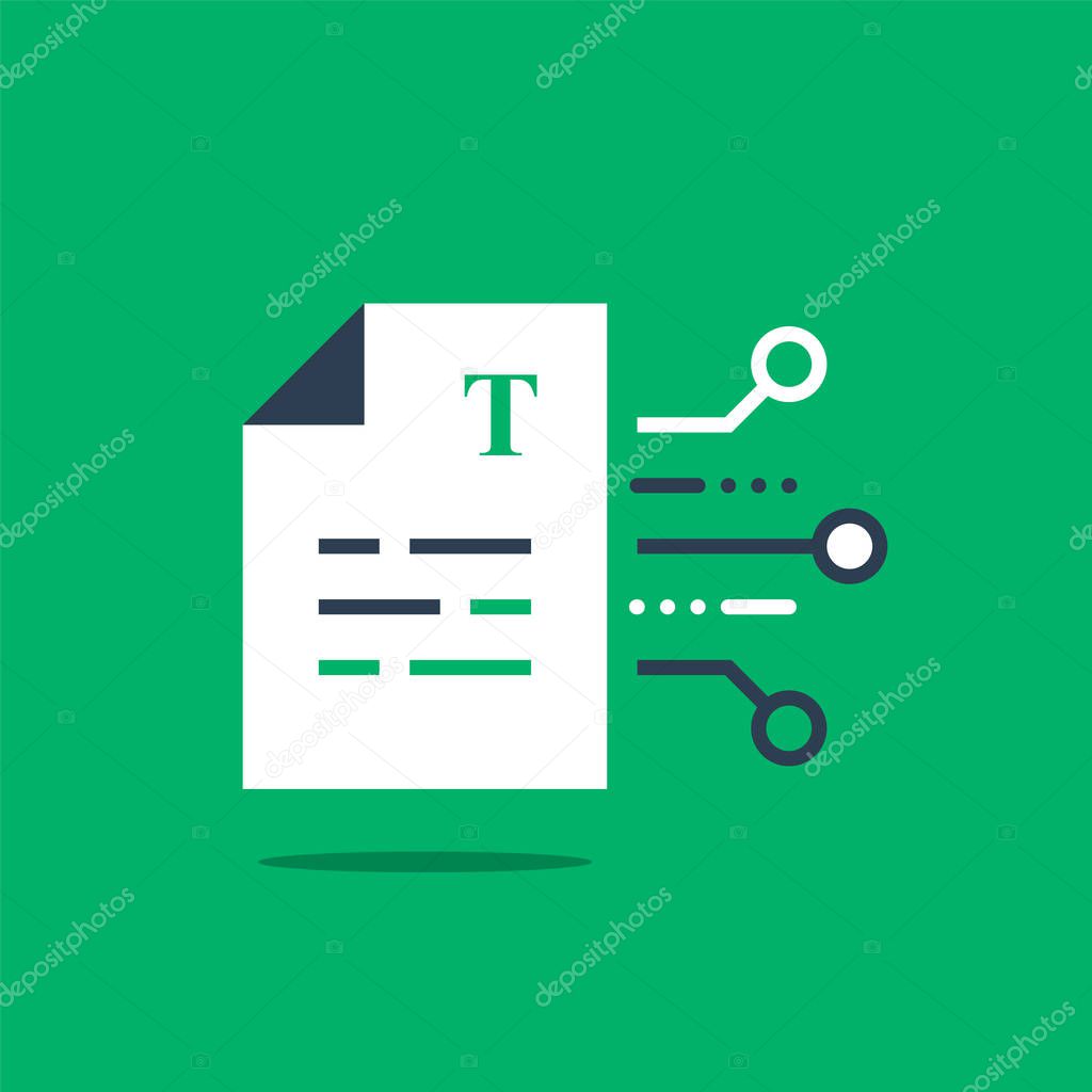 Document terms and conditions, write article, information summary, creative writing or storytelling, gather data, vector icon, flat design illustration