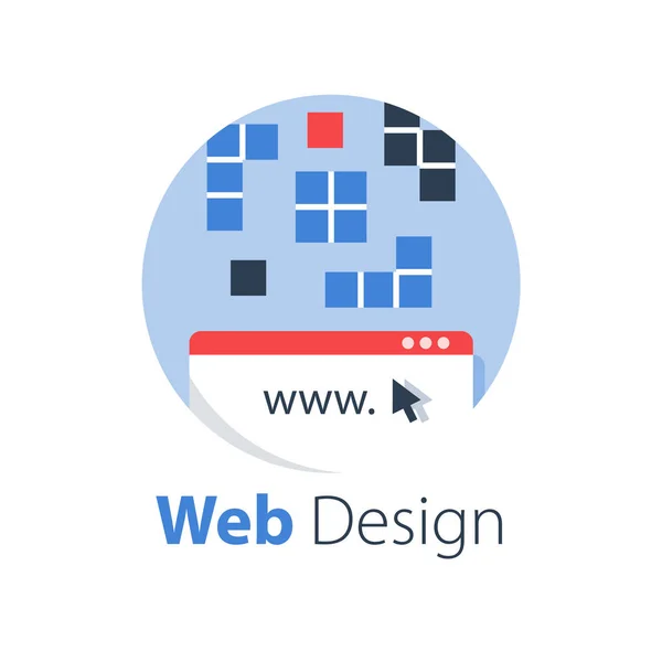Conception Web, technologie Internet, développement de logiciels, services d'hébergement — Image vectorielle