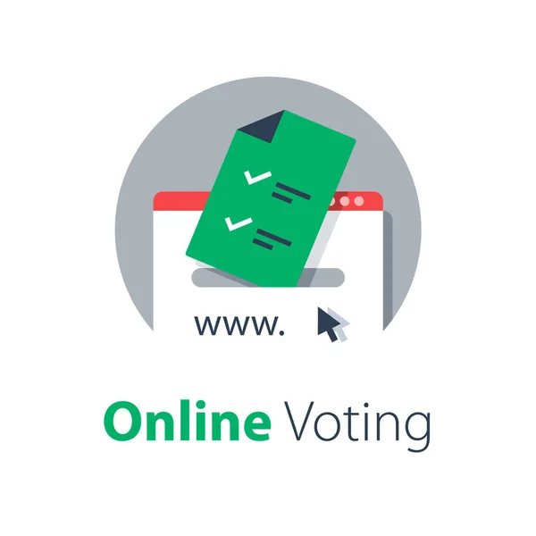 Votación en Internet, enviar en línea, servicios gubernamentales, subir documento — Vector de stock