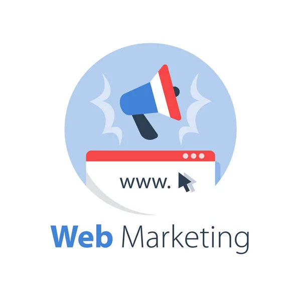 Marketing digital, campaña en línea, publicidad en Internet, anuncio de megáfono — Vector de stock