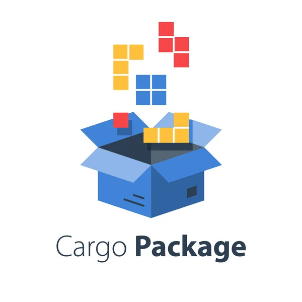 Servicios de logística, ensamblar el paquete, orden múltiple de la tienda, paquete conjunto grande de artículos en caja — Vector de stock