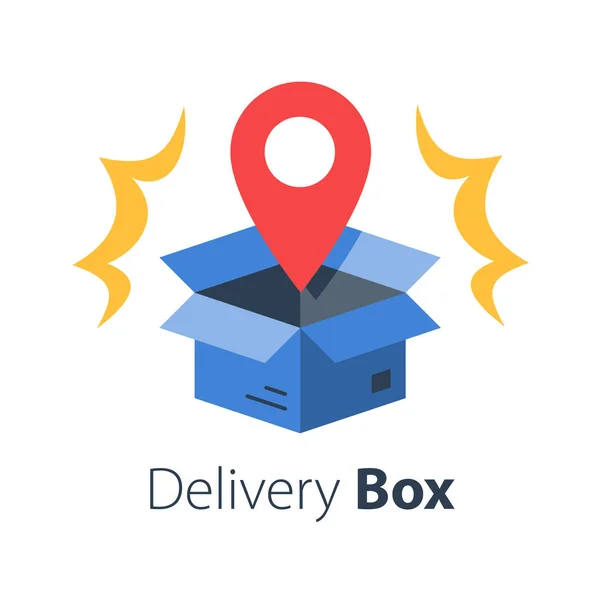 Entrega de pedidos de tienda, caja abierta y pin de ubicación, recibir paquete postal, punto de recogida — Vector de stock