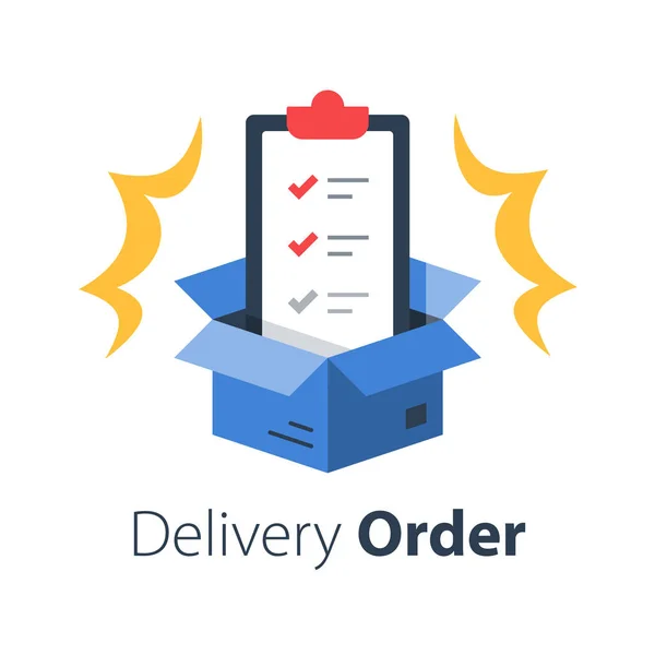 Delivery services, terms and conditions, clipboard and open box, shipment check list — Stock Vector