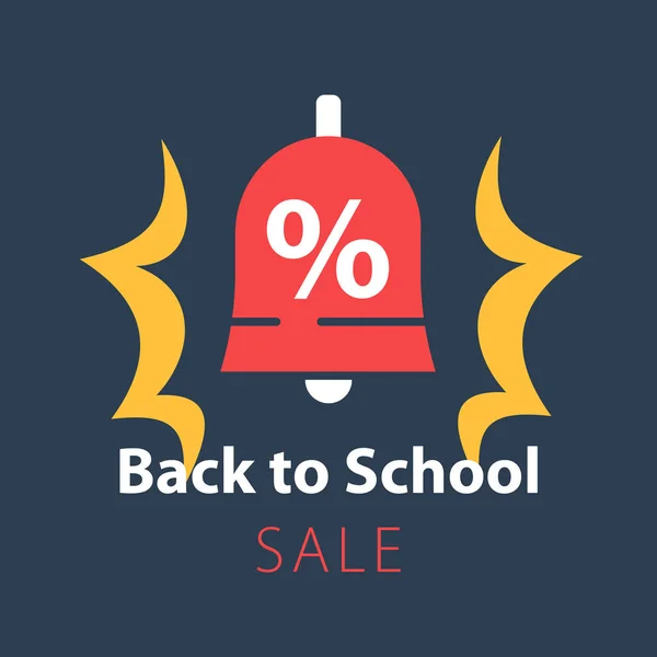 Voltar à venda da época escolar, tocar sino com sinal percentual —  Vetores de Stock