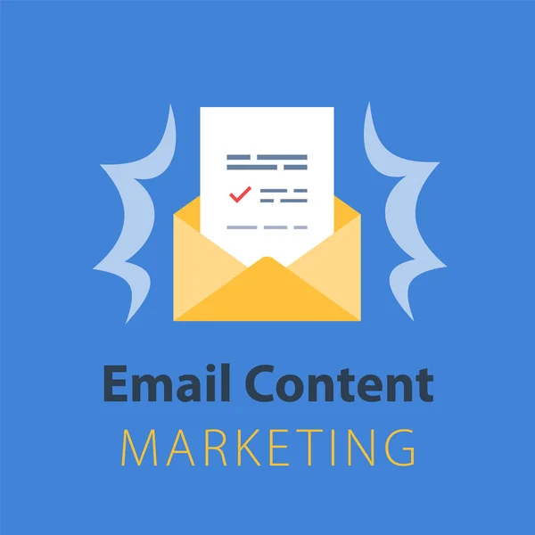 Email marketing, envelope aberto, carta escrita, resumo de notícias — Vetor de Stock