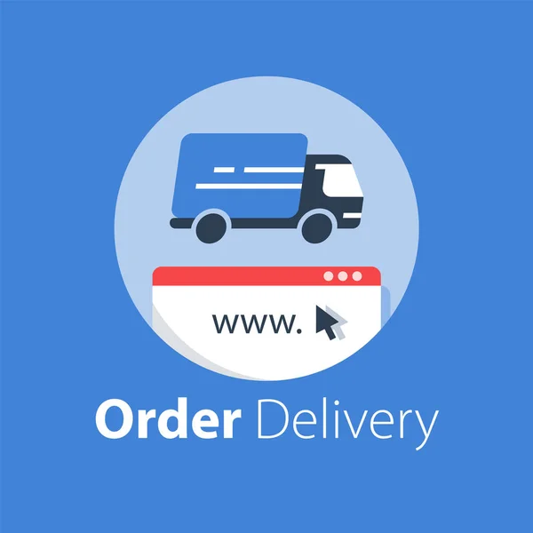 Compras on-line, entrega de correio, serviços de distribuição, caminhão de aluguel — Vetor de Stock
