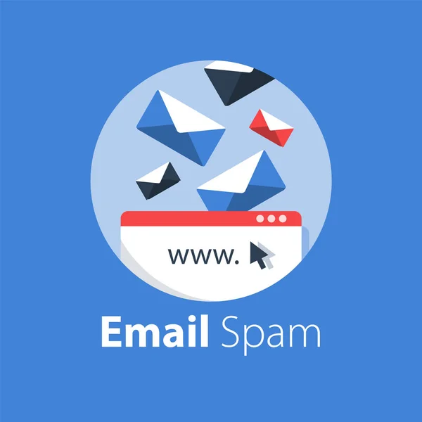Administración de correo electrónico, caída de cartas de spam, bandeja de entrada llena — Vector de stock