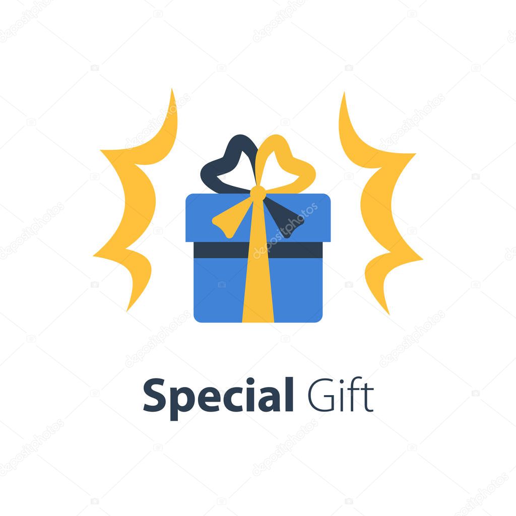 Blue box with ribbon, surprise shiny gift, special prize giveaway