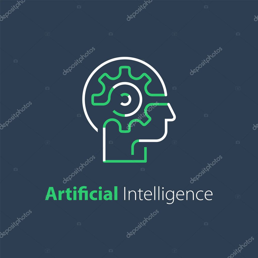 Head and cogwheel, education concept, creative thinking, technology and innovation, engineering people, vector line icon