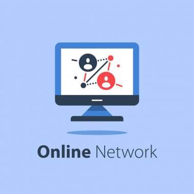 Online ağ, bilgisayar monitörü, internet portalı, insan bağlantısı, uzak çalışma