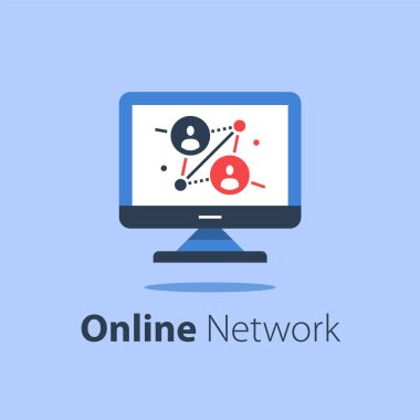 Online ağ, bilgisayar monitörü, internet portalı, insan bağlantısı, uzak çalışma