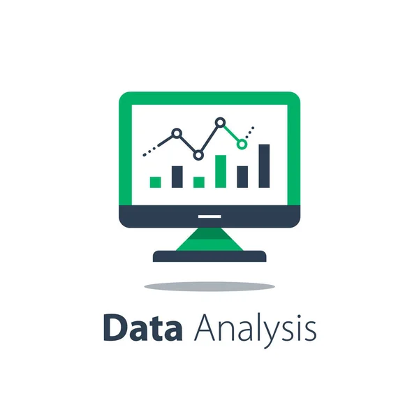 Online analytics, computer monitor and diagram, web statistic, internet big data — Stock Vector
