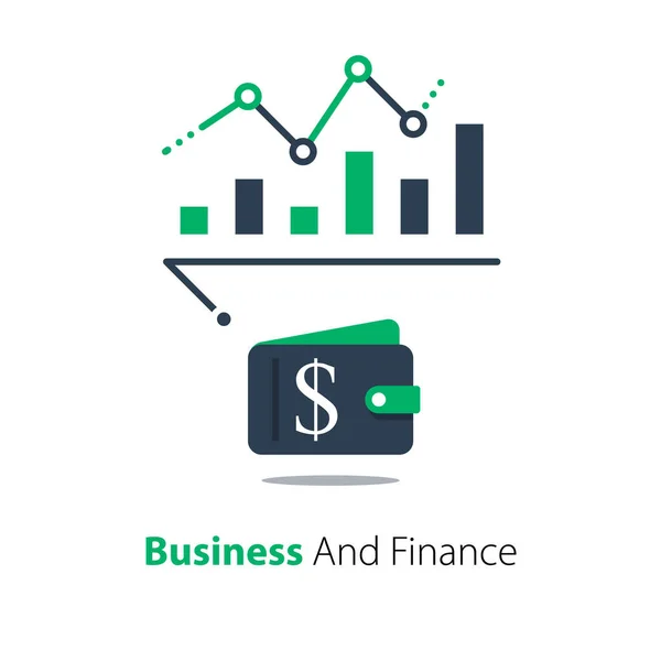 Financiële analyse, Business Performance Report, omzetgroei grafiek, inkomensverhoging grafiek — Stockvector