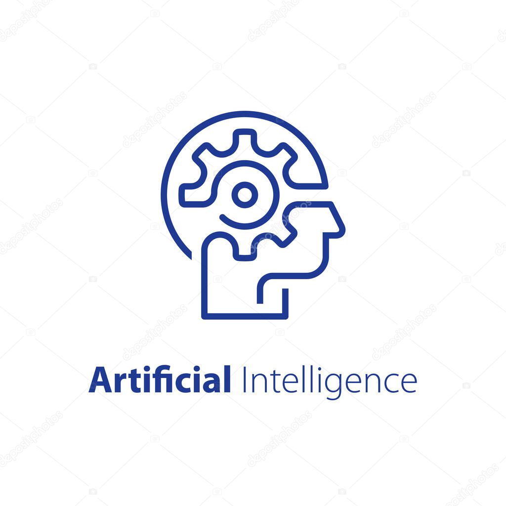 Head and cogwheel, education concept, creative thinking, technology and innovation, engineering people, vector line icon
