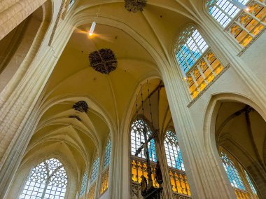 Leuven, Belçika 'daki gotik katedralin nefes kesici iç görünüşü, karmaşık kemerler, vitray pencereler ve eşsiz düşük açılı bir perspektiften muhteşem taş işçiliği sergiliyor..