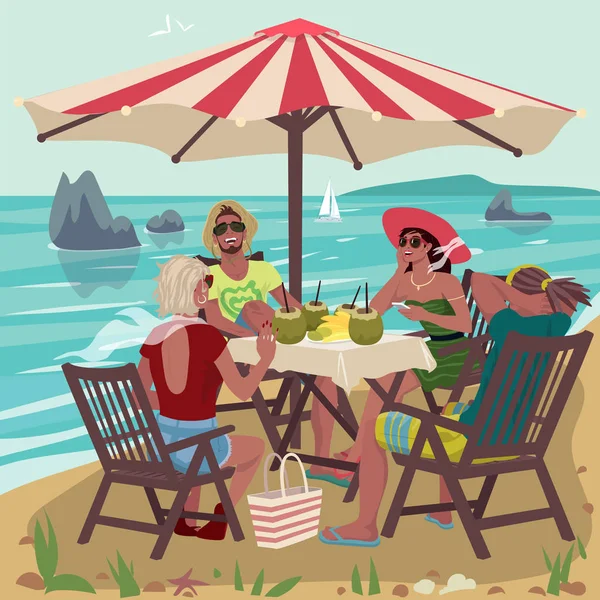 Dos parejas comiendo en la playa tropical — Archivo Imágenes Vectoriales