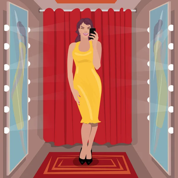 Selfie gele jurk in passen kamer — Stockvector