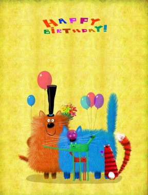 Çok komik tebrik kartı: renkli balonlar ve degrade Sarı zemin üzerine bir güzel çiçek ayakta dostu bazı kedilerle.