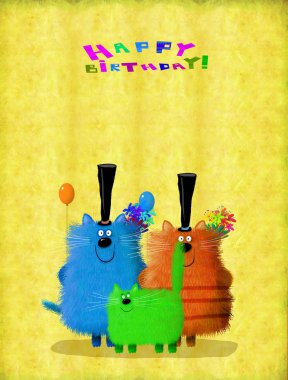 Çok komik tebrik kartı: renkli balonlar ve degrade sarı zemin üzerinde bir güzel çiçek duran üç dostu kedi.