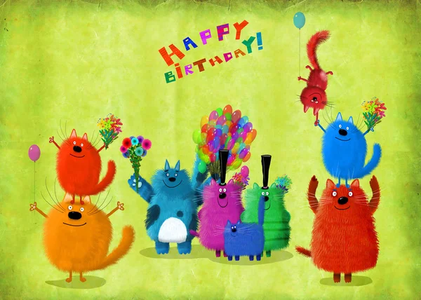 可爱的生日贺卡 许多五颜六色的猫与花和气球 免版税图库图片