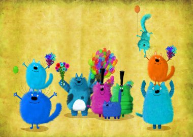 Gerçekten çok tatlı tebrik kartı: birçok renkli dostu kedilerle çiçekler ve balon .