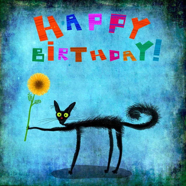 Karta Bardzo Słodkie Urodziny Czarny Cienki Przyjazny Kot Żółty Kwiat — Zdjęcie stockowe