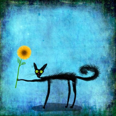 A very cute greetings card: a black thin cat holding a yellow flower on the beautiful dark blue background. clipart