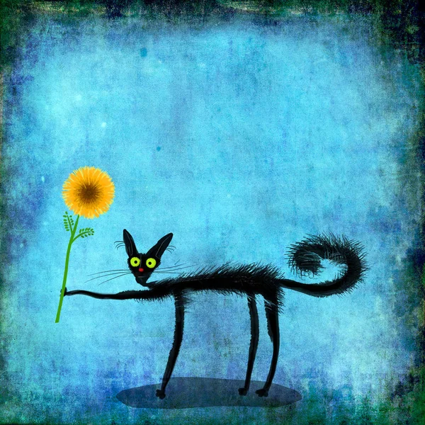 Милая Открытка Черная Тонкая Кошка Держит Желтый Цветок Красивом Темно Лицензионные Стоковые Фото