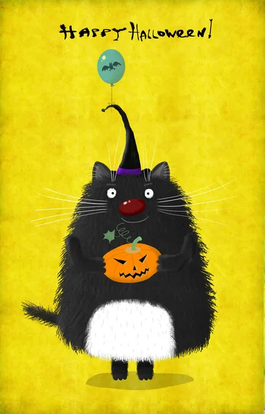 Действительно Пугающая Открытка Хэллоуин Черная Пухлая Кошка Ведьмой Держащей Джек — стоковое фото