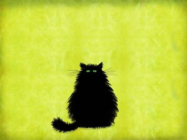一张非常可爱的贺卡 一只黑色丰满的猫 眼睛是绿色的 有长长的胡须 坐在渐变的黄色背景上 图库图片