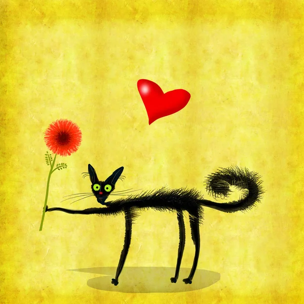 A really cute valentines day card: a black thin green eyed cat holding a red heart balloon and a flower on the yellow background.