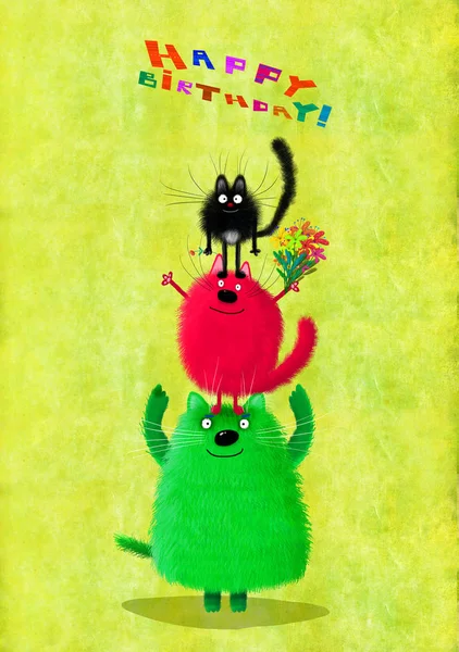 Cartão de aniversário Três gatos coloridos com flor — Fotografia de Stock