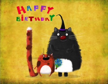 Hoş bir doğum günü kartı. Sarı arka planda çiçekli iki dost canlısı gülümseme.. 