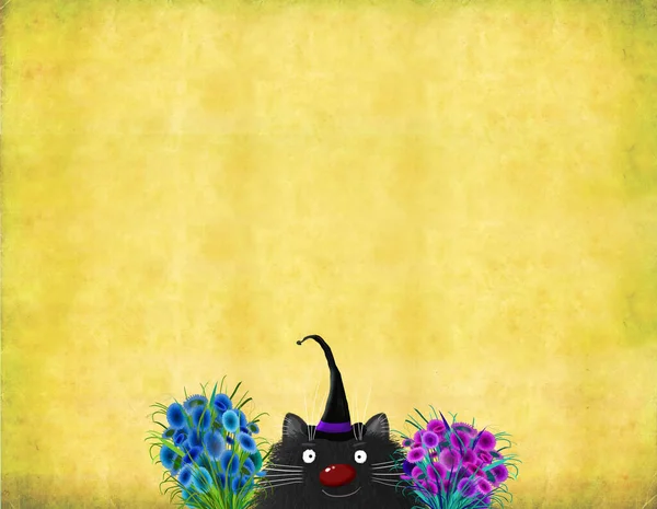 Przyjemna Kartka Życzeniami Czarny Kot Cylindrze Fowers — Zdjęcie stockowe