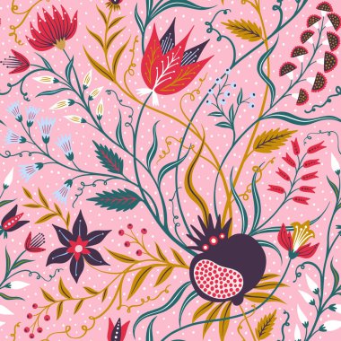 Kusursuz çiçek deseni. Pembe arka planda çiçekli Chintz tekstil deseni
