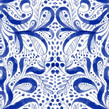 Kusursuz mavi shibori deseni. Beyaz arkaplanda soyut çiçek deseni. 