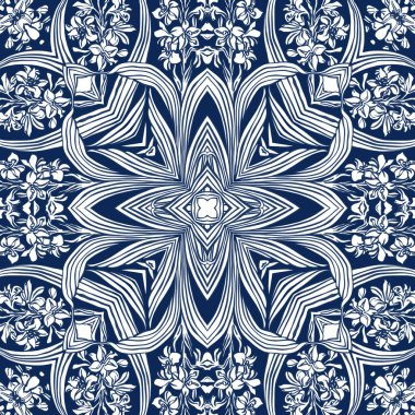 Kusursuz desenli, mavi çiçekli, yeni sanat tarzında. Çiçek kaleydoskopu arka planı. Çiçek simetrik, pürüzsüz arkaplan.