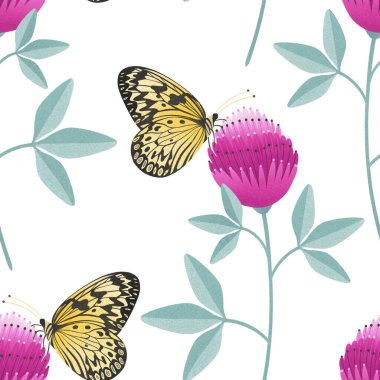 Sarı kelebekli kusursuz desen ve beyaz arka planda pembe yonca.