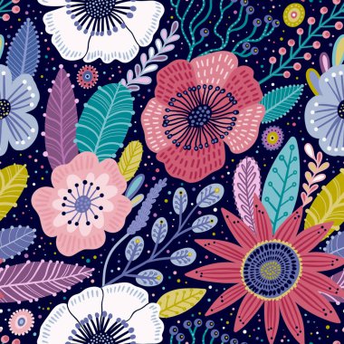 Koyu mavi arka planda farklı türde çiçeklerle renksiz çiçek deseni.