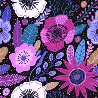 Koyu mavi arka planda farklı türde çiçeklerle renksiz çiçek deseni.