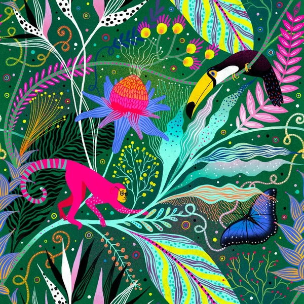Motif Tropical Sans Couture Avec Des Fleurs Colorées Singe Oiseau — Photo