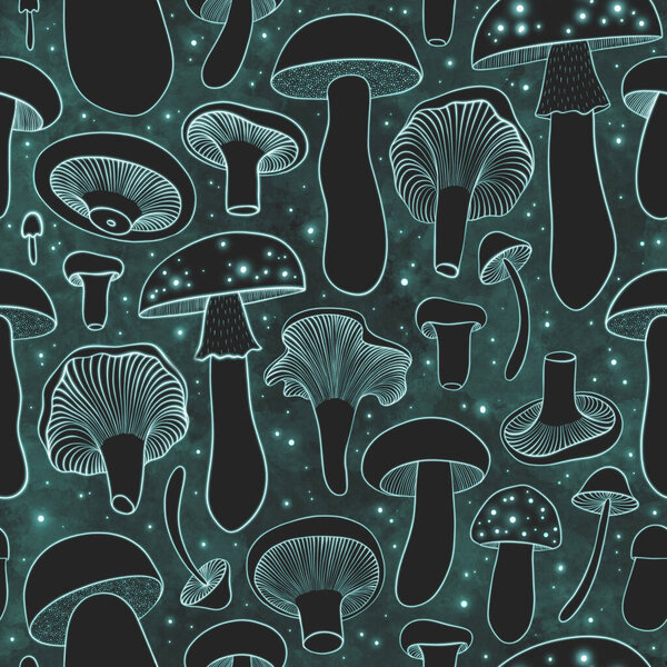 Seamless pattern with white and red mushrooms in space. Magic mushrooms. Dark background.