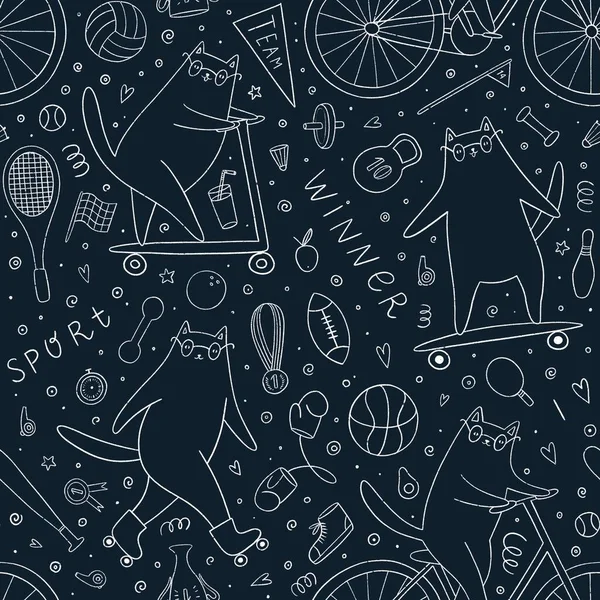Seamless pattern with funny cats doing different kinds of sport: bicycle, skate, scooter and roller skate.