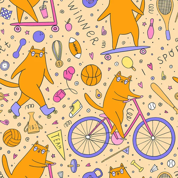 Seamless Pattern Funny Cats Doing Different Kinds Sport Bicycle Skate — Stock Photo, Image