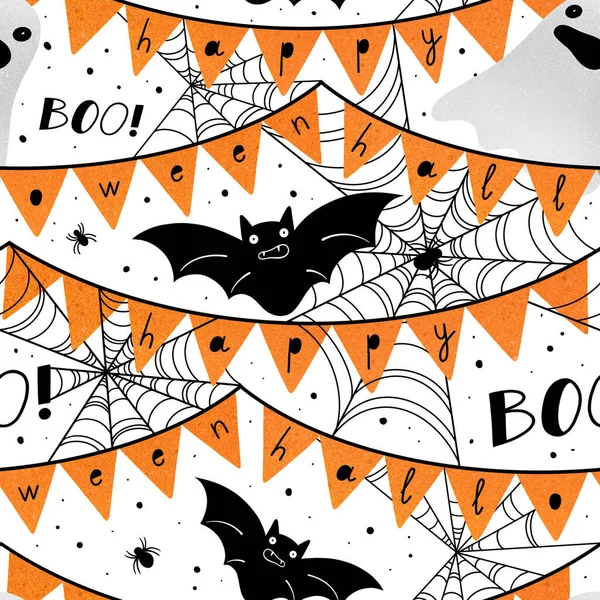 Happy halloween seamless pattern. Endless background with bat, spiders, spider web, ghost and boo