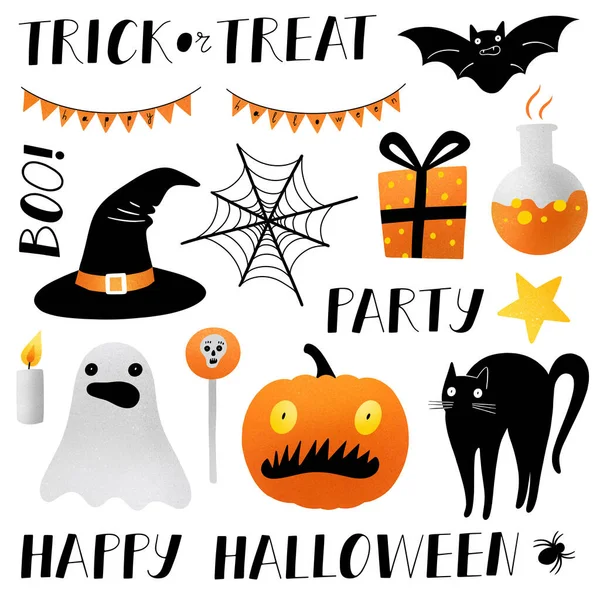 Cadılar Bayramı çizimleri seti. El yazısıyla yazılmış harfler.