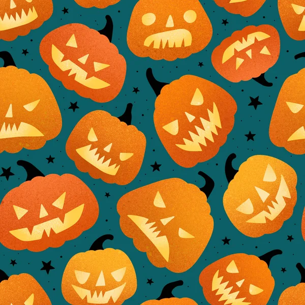 Seamless Halloween Pattern Pumpkins Stars Blue Background — Stock Photo, Image